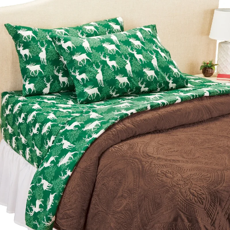 Floral cotton quilt-Woodland Deer Silhouette Bed Sheet and Pillowcase Set