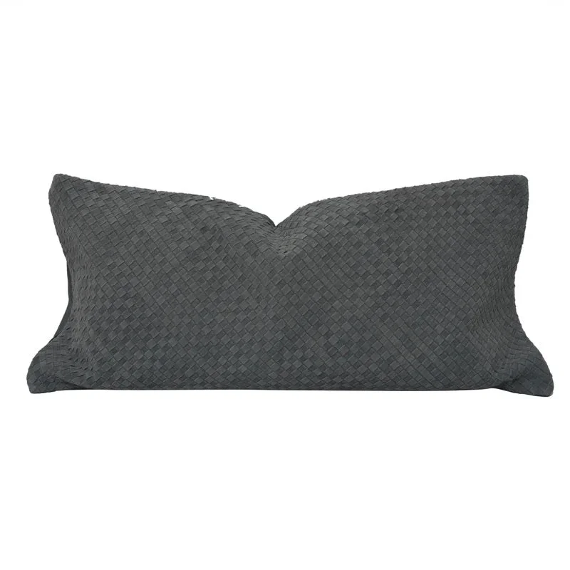 Lightweight cotton throw-Woven Suede Leather Lumbar Pillow Black