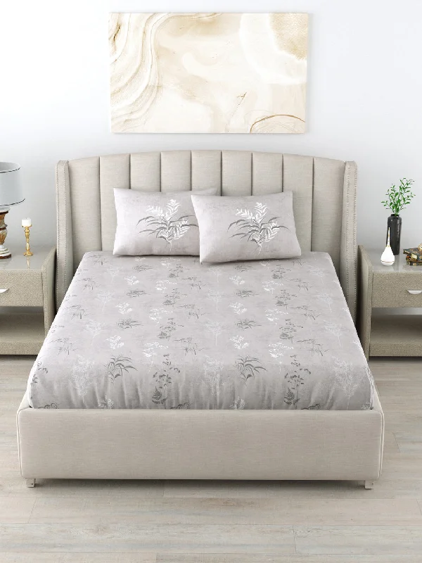 Cool tencel sheet set-220 TC 100% Cotton Single Printed Bedsheet Pillow Covers - Summer Bloom Grey