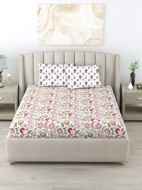 Floral silk throw-220 TC 100% Cotton Single Printed Bedsheet with Pillow Covers - Creeper Pink