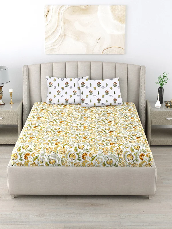 Plush faux fur quilt-220 TC 100% Cotton Printed Bedsheet with Pillow Covers - Creeper Mustard