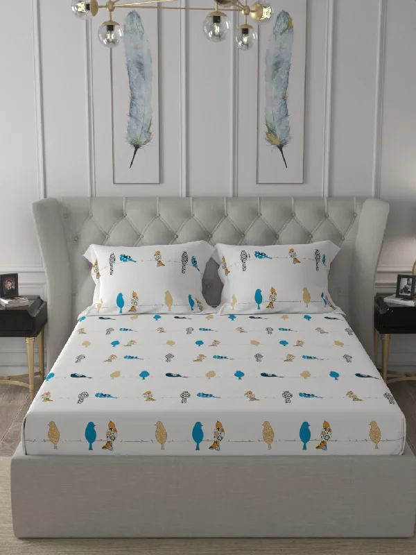 Crisp cotton bed sheets-Divine Collection - 144 TC 100%  Cotton Bedsheet with 2 Pillow Covers- Humming Bird Blue