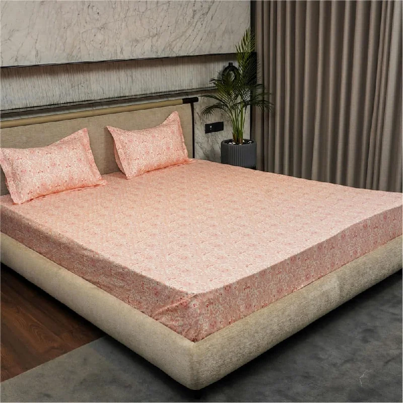 Linen blend comforter-Regal Collection - Breathable 200 TC 100% Pure Cotton Bedsheet with Pillow Cover, Paisley- Peach