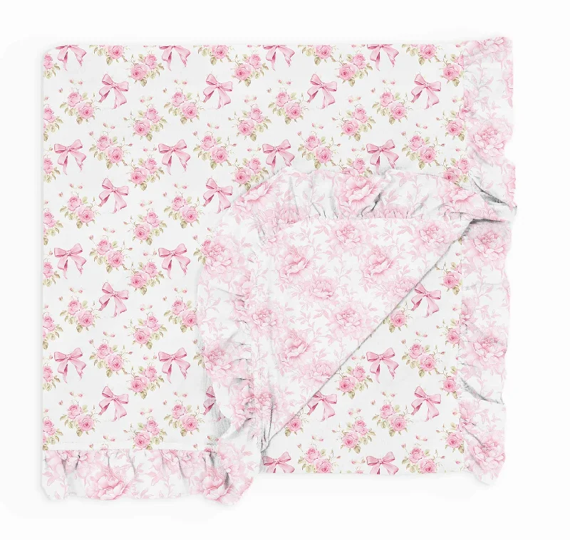 Cooling percale pillowcase-[Pre Order] Whimsical & Wild Ribbons & Roses - 2 Layer Ruffled Blankets (EST SHIP LATE MARCH)