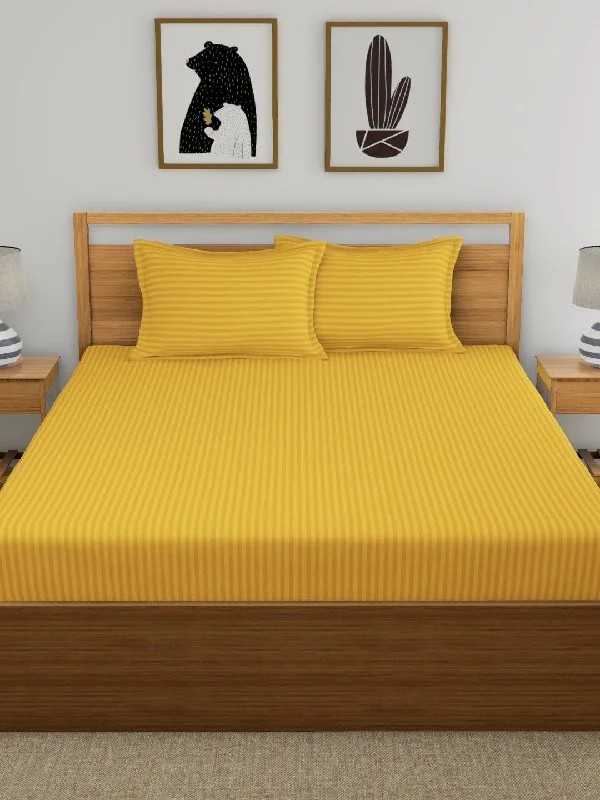 Crisp flannel bed throw-Regal 220 TC  Stripe Collection - 100 % Cotton Satin Bedsheet with pillow covers , Mustard Color