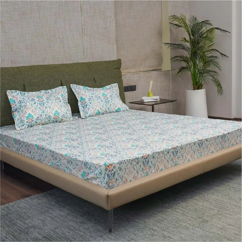 Thick flannel bedspread-Regal Collection - Breathable 200 TC 100% Pure Cotton Single Bedsheet with Pillow Cover, Mughal Garden - Blue