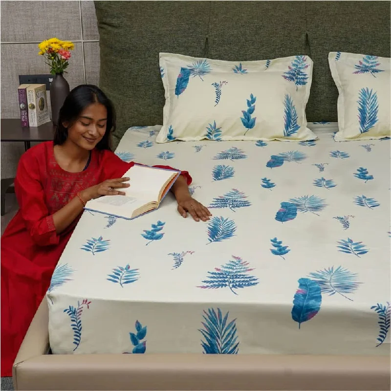 Textured bamboo throw-Serene Collection - Breathable 200 TC 100% Pure Cotton Single Bedsheet with Pillow Cover, Fall Leaves - Milk White