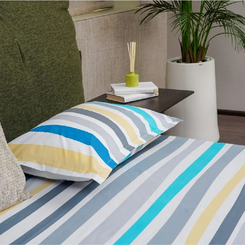 Non-slip bed protector-Serene Collection - Breathable 200 TC 100% Pure Cotton Single Bedsheet with Pillow Cover, MultiColour Stripes - Blue