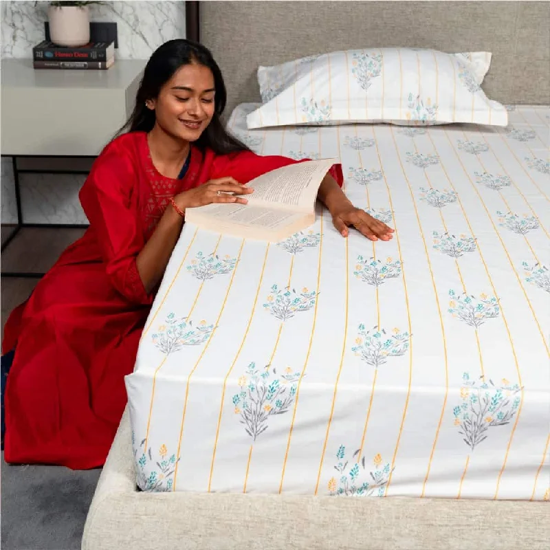 Floral silk bed throw-Regal Collection - Breathable 200 TC 100% Pure Cotton Bedsheet with Pillow Cover, Yellow Dahlia